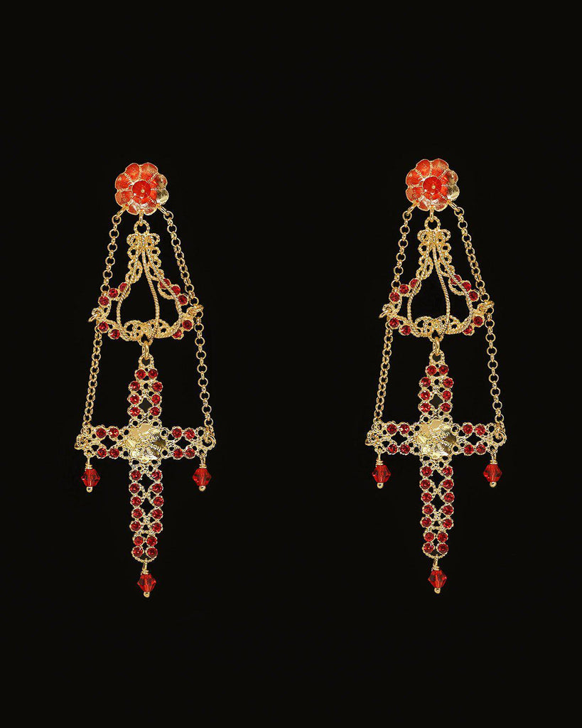 Pendientes cruz de filigrana con corona y cristales